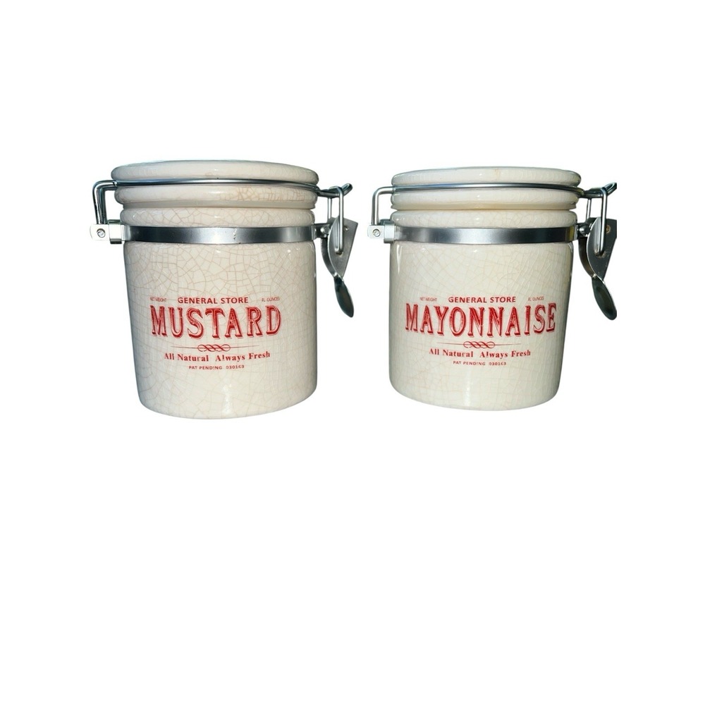 Pottery Barn 2pc Canister General Store Condiments ‎ Mustard Mayonnaise